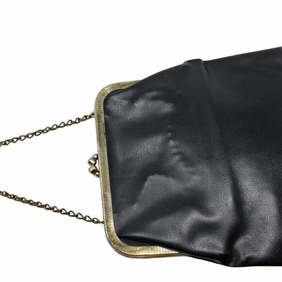 Vintage Black Vinyl Flat Purse w Chain or Folded Clutch Metal Frame 9x9 -Hey Viv - Picture 3 of 6